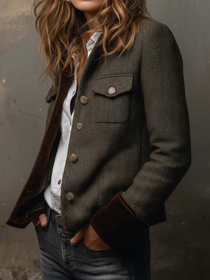Honorine | Blazer Vintage Chevron con Bordes Contrastantes