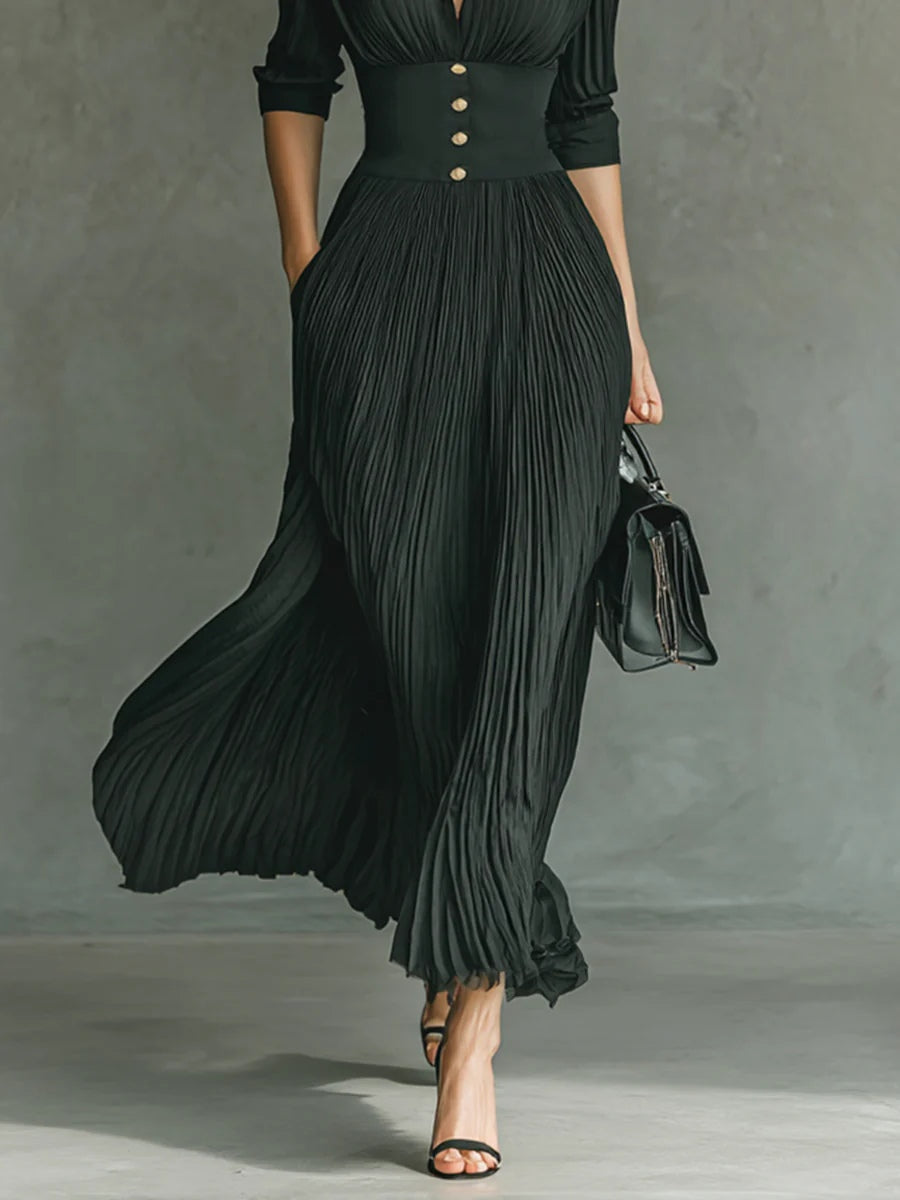 Elvire | Vestido Largo Plisado con Solapa y Cintura Alta