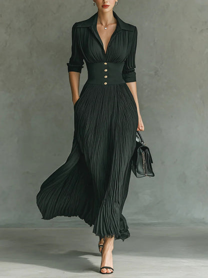 Elvire | Vestido Largo Plisado con Solapa y Cintura Alta