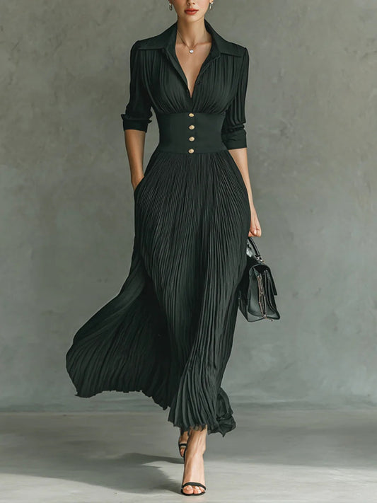 Elvire | Vestido Largo Plisado con Solapa y Cintura Alta