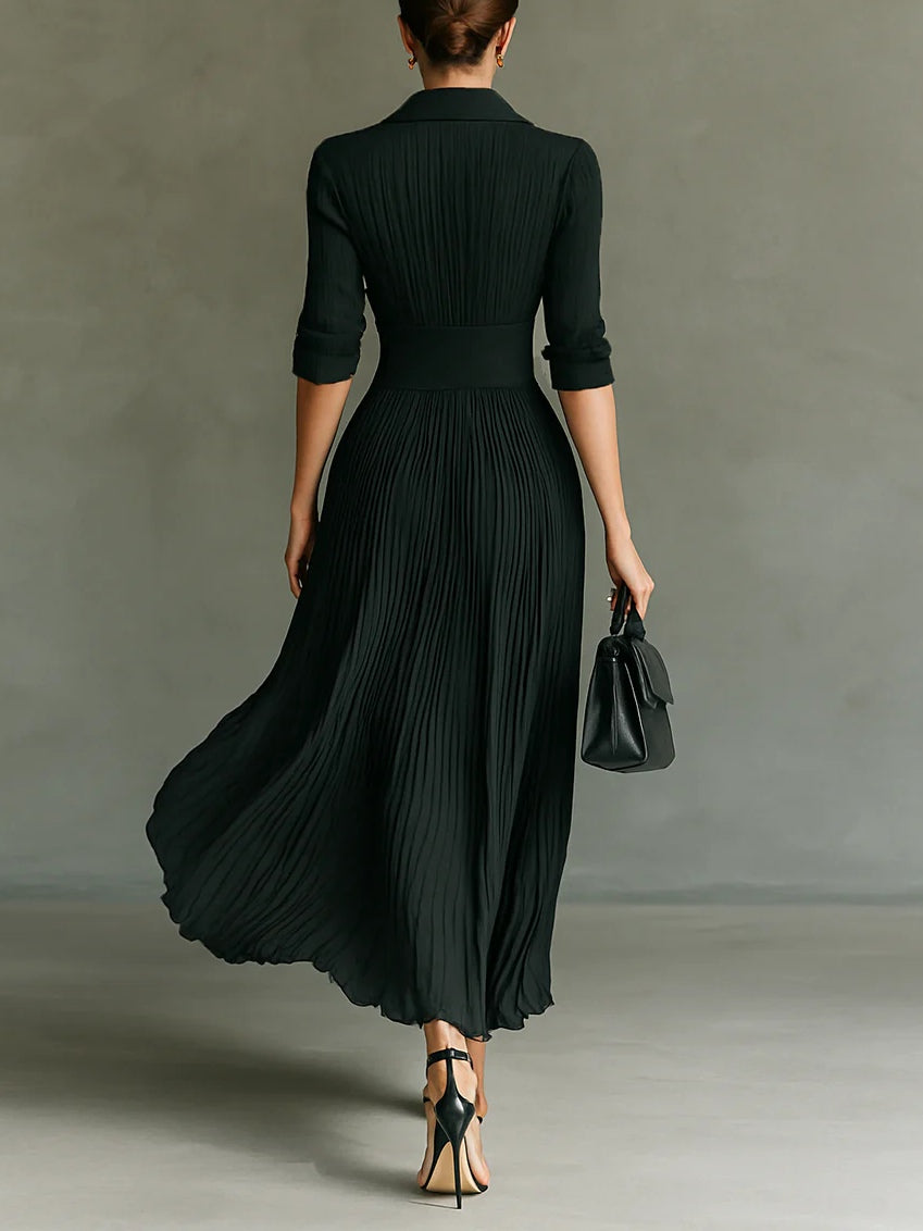 Elvire | Vestido Largo Plisado con Solapa y Cintura Alta